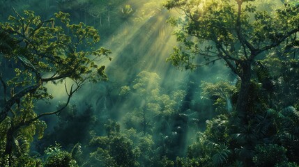 aerial photograph of a tropical rainforest in South America. Sunlight filters through the branches and onto the forest floor. Filled with abundance,