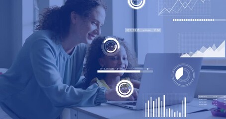 Poster - Animation of charts processing data over diverse female teacher and schoolgirl using laptop in class