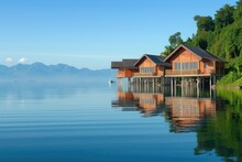 A Beautiful Lake With Two Wooden Houses On Stilts