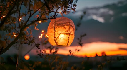 Wall Mural - a lantern hanging from a tree with a sunset in the background
