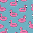 Seamless pattern with flamingo floats on water. Cute summer background Sea or pool with swim rings
