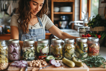 a woman in her kitchen preparing jars with different pickles (1)