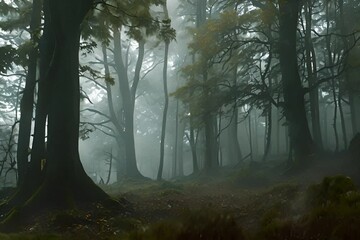 Poster - a foggy forest filled with lots of trees