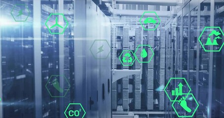 Poster - Animation of green ecology and energy icons over flashing lights on computer servers