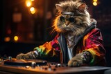 Fototapeta  - Cute fluffy cat DJ in a bright jacket and round sunglasses plays music on a mixing console at a rave party
