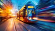 Dynamic image of a modern tram speeding through the city with light trails and motion blur