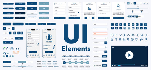Fototapete - A set of modern web interface elements designed for the development and design of websites and mobile applications. Includes buttons, icons, menus, navigation elements and other components.