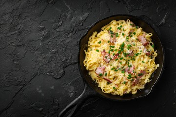 Wall Mural - A skillet filled with Carbonara pasta topped with fresh parsley, showcasing traditional Roman cuisine in Italian food