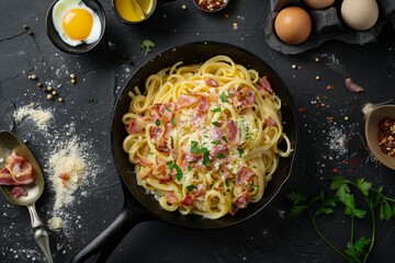 Wall Mural - A pan filled with homemade pasta carbonara topped with eggs, bacon, and Parmesan cheese on a table