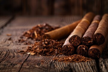 Closeup of a pile of cigars resting on top of a wooden table, with a dark background suitable for text placement