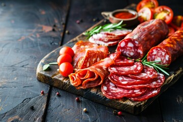 Wall Mural - Various types of salami arranged on a wooden cutting board, including chorizo, fuet salami, salchichon, and longaniza