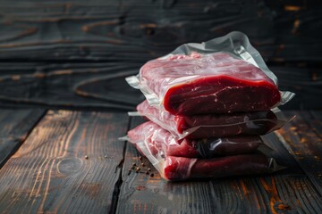 Sticker - A stack of beef meat cuts wrapped in plastic, set on an old dark wooden table background