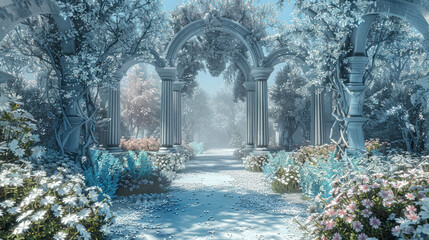 Wall Mural - Enchanted Elven Garden of Dreams with White and Light Blue Blossoms Amidst Colorful Elven Trees. With Arches. Fantasy Elven Landscape