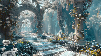 Wall Mural - Enchanted Elven Garden of Dreams with White and Light Blue Blossoms Amidst Colorful Elven Trees. With Arches. Fantasy Elven Landscape