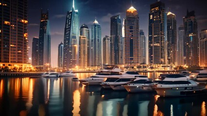 Sticker - Dubai Marina at night in Dubai, UAE. Dubai was the fastest developing city in the world between 2002 and 2008, Modern buildings in Dubai Marina, Dubai, AI Generated