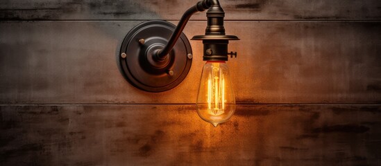 Poster - A light bulb is suspended from a wooden wall near a water tap. The plumbing fixture contrasts with the wood flooring and table, stained in a rich hardwood hue