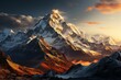 A sunset painting of snowy mountain with colorful sky and clouds