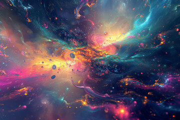 Wall Mural - Captivating cosmic explosion of color with swirling neon pinks, blues, and oranges resembling a vibrant nebula, imaginative backdrops, music album art, digital wallpaper