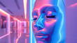 A striking visage with neon contours that creates a modern and surreal atmosphere in what appears to be a gallery setting