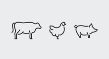 3 Black Line Icons Of A Cow, A Hen, And A Pig On A White Background For Web, Mobile, Promo Materials, SMM. Icons Of  Agriculture, The Food Industry, Farming And Domestic Animals. Vector Illustration
