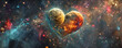 A composition of celestial bodies, including planets and stars, arranged to form an otherworldly heart against a cosmic backdrop.