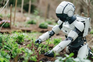 Poster - A robot stands tall amidst a lush green grassy field, A robot peacefully tending to a garden, AI Generated
