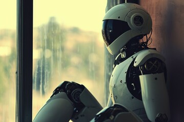 Poster - A robotic creature is seated on a window sill next to an open window, bathed in sunlight, A robot sitting in quiet reflection, AI Generated