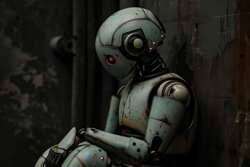 Poster - A robot sits on the ground next to a wall, showcasing its stationary position, A robot sitting in quiet reflection, AI Generated