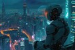 A man stands on a ledge in a futuristic cityscape, surrounded by towering skyscrapers and advanced technology, A robot watching over a sleeping city, AI Generated