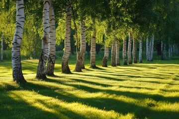 Wall Mural - A straight row of tall trees standing in a lush green grassy field, A row of birch trees casting long shadows in a summer park, AI Generated