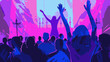 Woman raising hands in church. Lofi, blue, purple, pink
