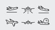 6 black line icons for airplane and flight elements. Ideal for promoting airline travel and transportation on social media. Includes departure, landing, and in-flight airplane. Vector illustration