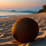 Fototapeta Natura - Coconut on the beach at sunset. Generative AI