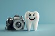 An white tooth with a happy face next to a classic, vintage-style camera. Whimsical dental radiography, tomography or teeth x-ray concept.