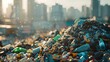 Huge piles of used plastic. In the blurred background city. City dump. Pollution concept. Plastic towers overshadow city. Pollution crisis.