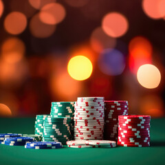 Stack of casino gambling chips on the green felt of a game table