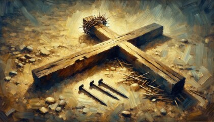 Poster -  Arma Christi: Holy Nails, and Cross. Cross of Jesus Christ on the ground. Digital painting in oil.