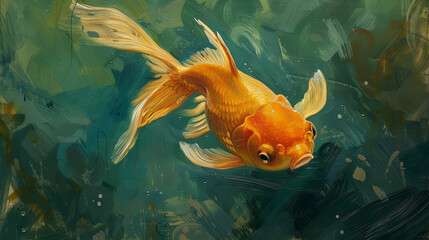 Wall Mural - Goldfish swims in blue water