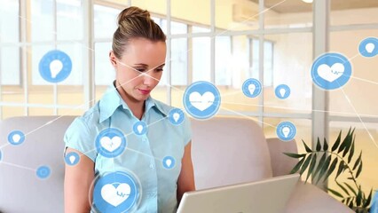 Poster - Animation of network of health and idea icons over happy caucasian casual businesswoman using laptop