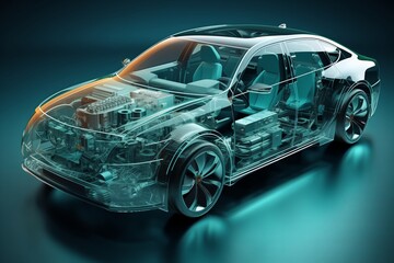 Computer mockup of a car with a transparent body showing the engine and internal components.