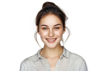 Studio portrait of a beautiful young woman with an attractive smile wearing casual outfits looking at camera, isolated on transparent png background.