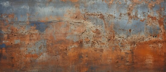 Wall Mural - A detailed closeup of a weathered, rusty metal surface resembling a painting in a natural landscape with brown soil, green grass, and water nearby