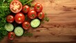 Vibrant composition of fresh cucumbers and tomatoes on a wooden table. Perfect for a wholesome diet.