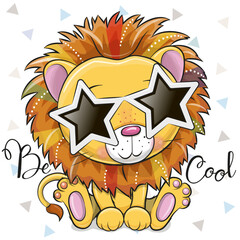 Sticker - Cartoon Cute Lion with sun glasses in the shape of stars