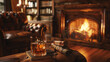 This warm setting features an elegant whiskey glass, an open book, and vintage binoculars on a leather surface with a fireplace in the background