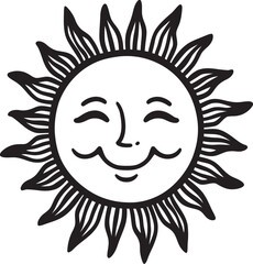 Sticker - Glowing Grin Cartoon Sun with Face Black Icon Joyous Glow Hand Drawn Sun Logo Design