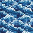 Sea waves seamless pattern design. Blue water background. Digital raster bitmap illustration. 