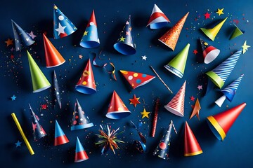 Whimsical party hats and noise makers arranged in a circular formation, set against a deep blue background reminiscent of the night sky.