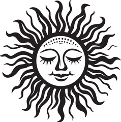 Wall Mural - Glowing Grin Cartoon Sun with Face Black Icon Joyous Glow Hand Drawn Sun Logo Design