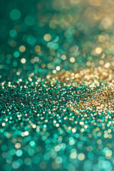Wall Mural - Abstract gold and green glitter lights background. Circle blurred bokeh. Festive backdrop for Christmas, St Patrick Day, party, holiday or birthday with copy space